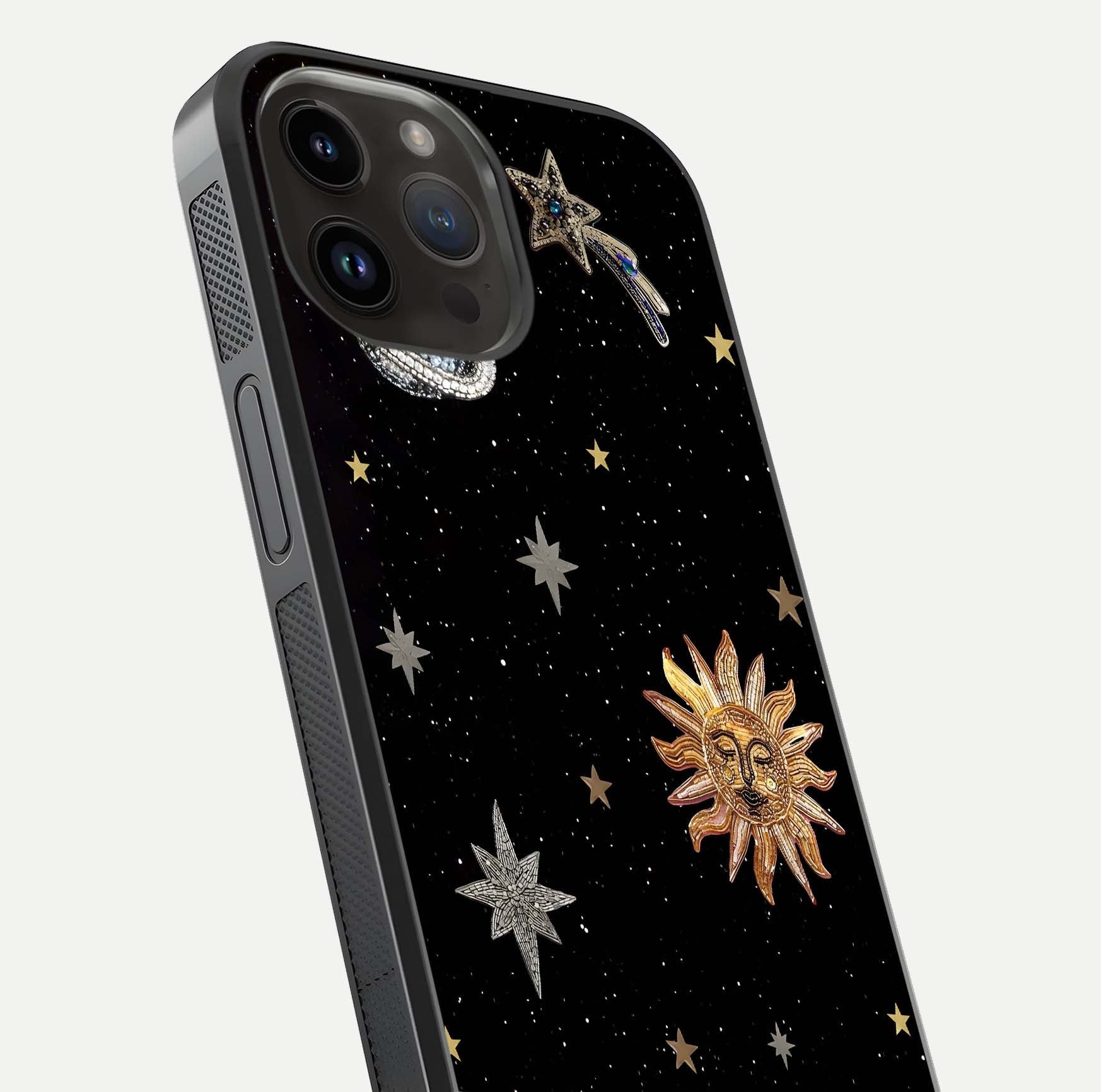 Celestial Moon With Stars Glass Case for iPhone 14 Pro Max close-up showing cosmic reflection and HD shine