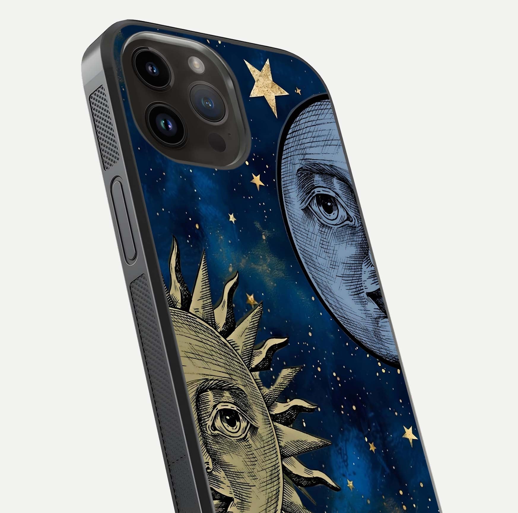 Celestial Moon With Sun Glass Case for iPhone 14 Pro Max close-up highlighting fine celestial detail and polish reflection
