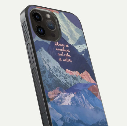 Celestial Mountain Calm Glass Case for iPhone 14 Pro Max close-up showing peak reflection and HD gloss texture
