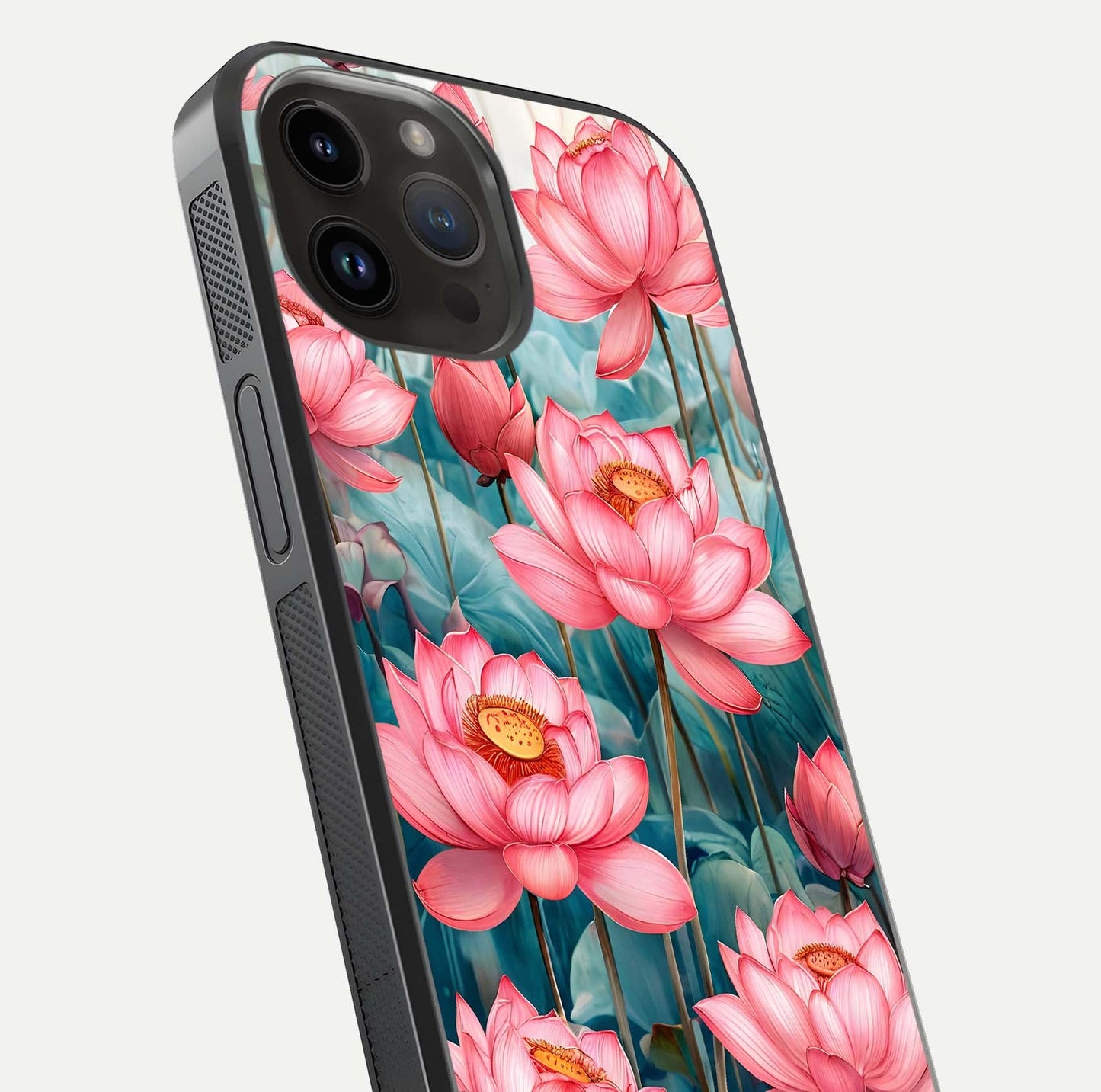 Celestial Pink Lotus Glass Case for iPhone 14 Pro Max close-up highlighting petal detail and HD glass reflection
