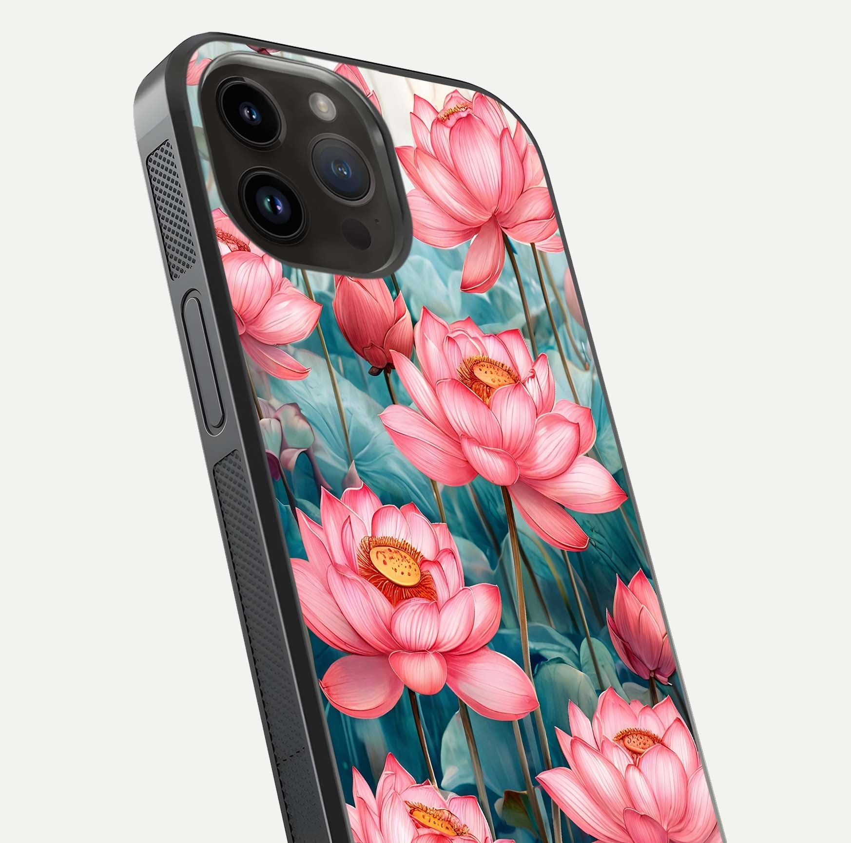 Celestial Pink Lotus Glass Case for iPhone 14 Pro Max close-up highlighting petal detail and HD glass reflection