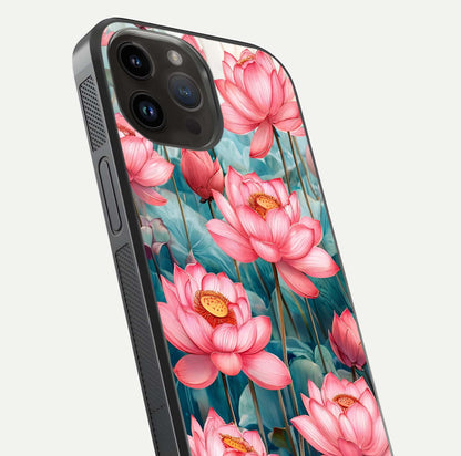 Celestial Pink Lotus Glass Case for iPhone 14 Pro Max close-up highlighting petal detail and HD glass reflection