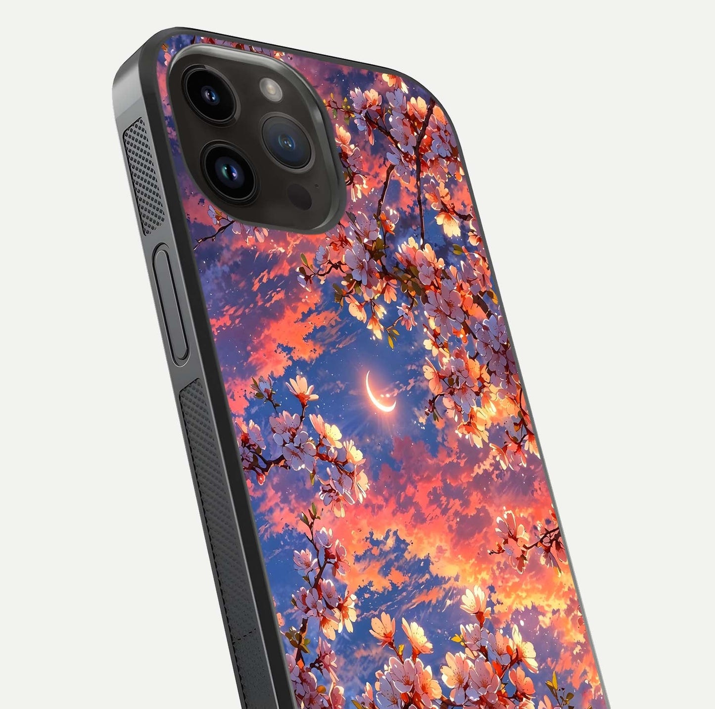 Celestial Sakura Sunset Glass Case for iPhone 14 Pro Max close-up image highlighting blossom petals and gloss shine