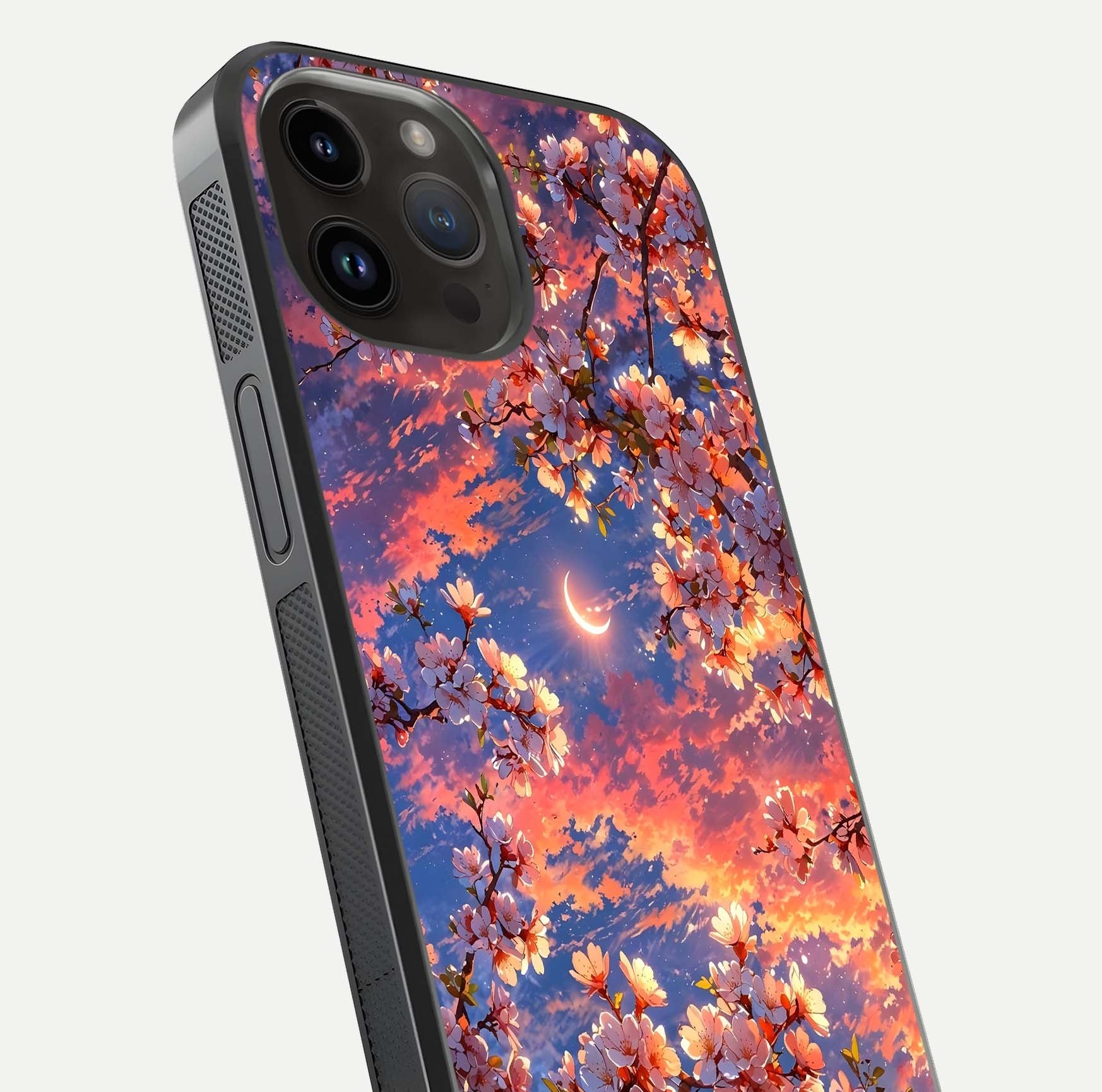 Celestial Sakura Sunset Glass Case for iPhone 14 Pro Max close-up image highlighting blossom petals and gloss shine