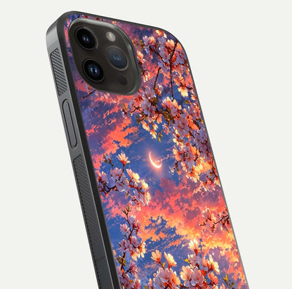Celestial Sakura Sunset Glass Case for iPhone 14 Pro Max close-up image highlighting blossom petals and gloss shine