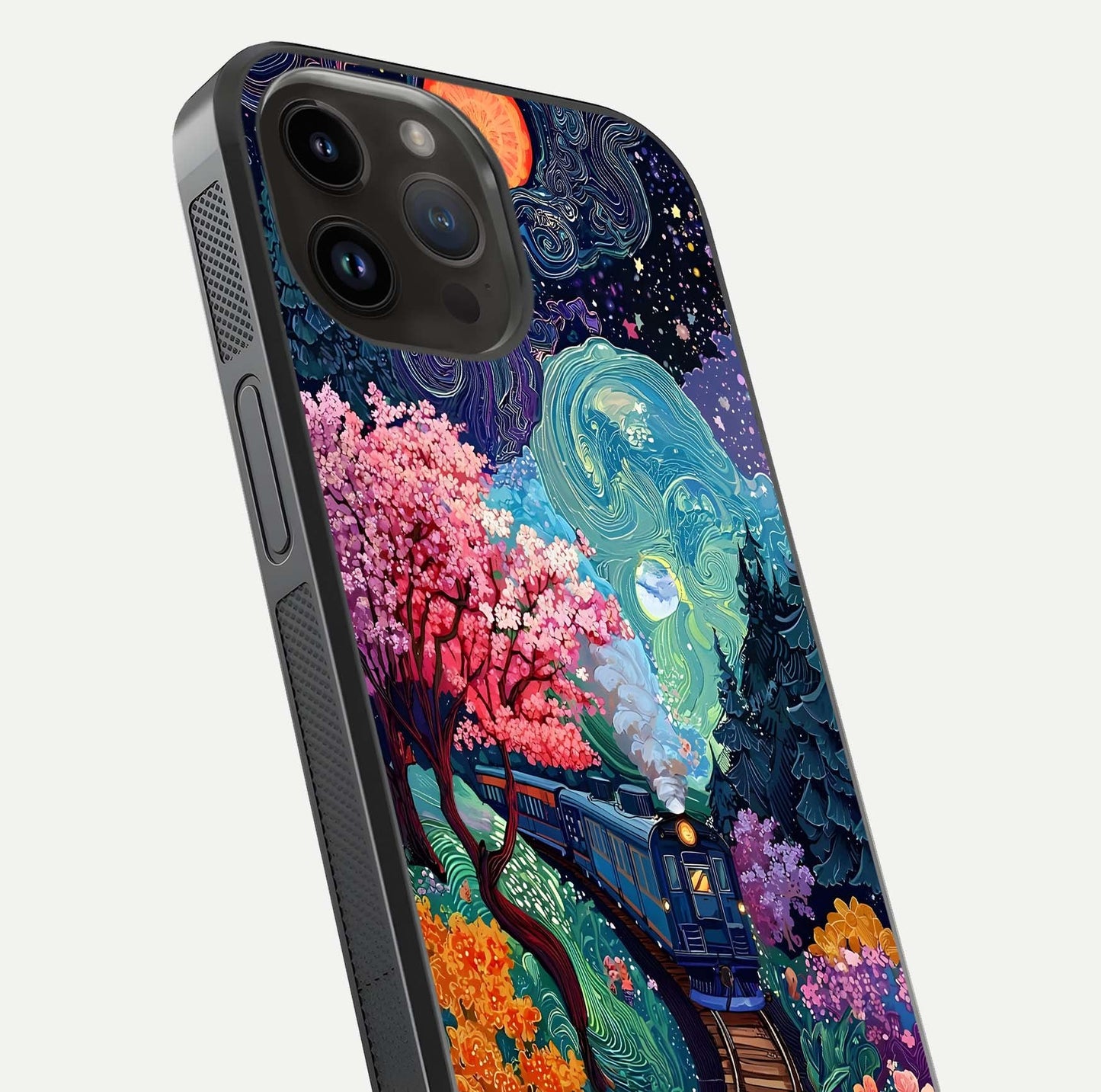 Celestial Train Journey Glass Case for iPhone 14 Pro Max close-up highlighting train lights, cosmic tones, and reflection detail