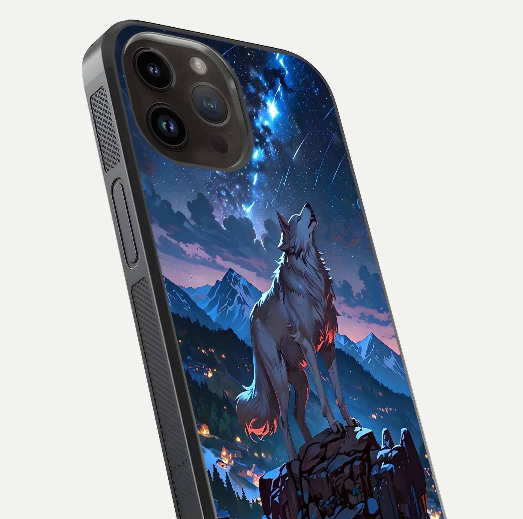 Celestial Wolf Howl Glass Case for iPhone 14 Pro Max close-up showing wolf silhouette and glowing moon reflection