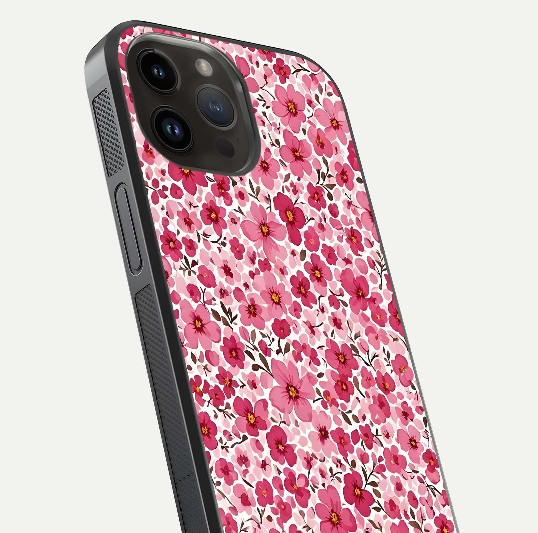 Cherry Blossom Charm Glass Case for iPhone 14 Pro Max close-up highlighting petal gradient and reflection shine
