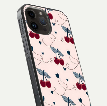 Cherry Heart Line Glass Case for iPhone 14 Pro Max close-up showing heart outline and HD reflection gloss