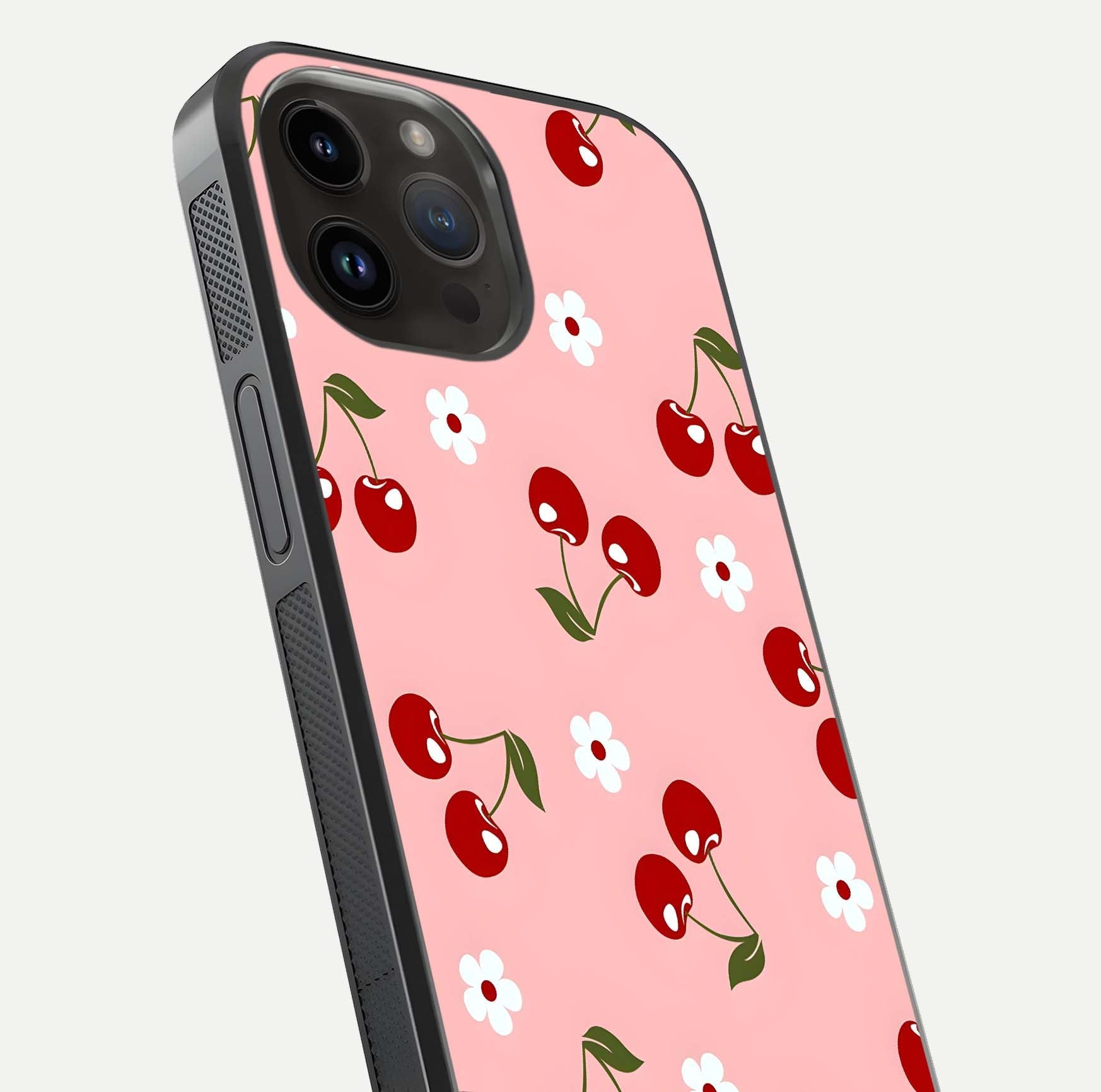 Cherry Love Mood Glass Case for iPhone 14 Pro Max close-up highlighting cherry heart pattern and reflection shine