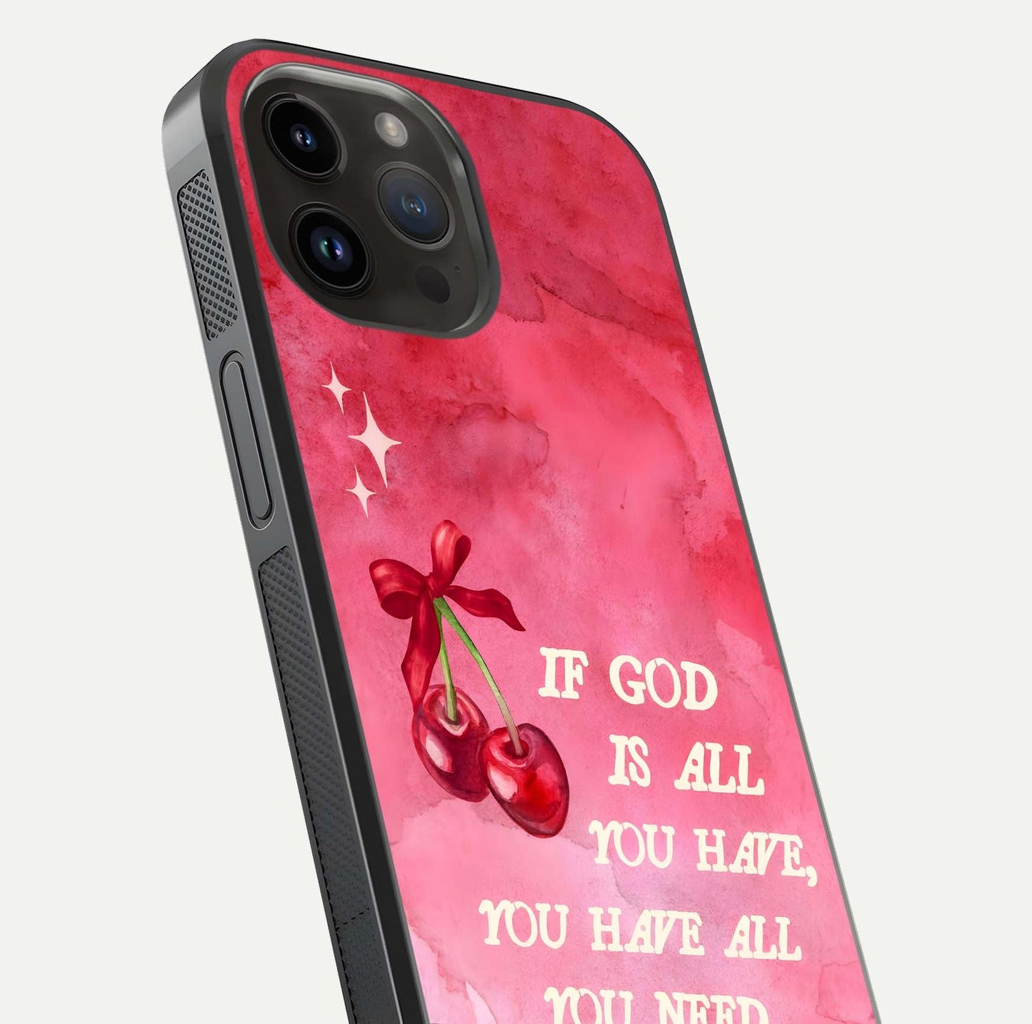 Cherry Quote Glass Case for iPhone 14 Pro Max close-up showing printed quote detail and HD reflection gloss