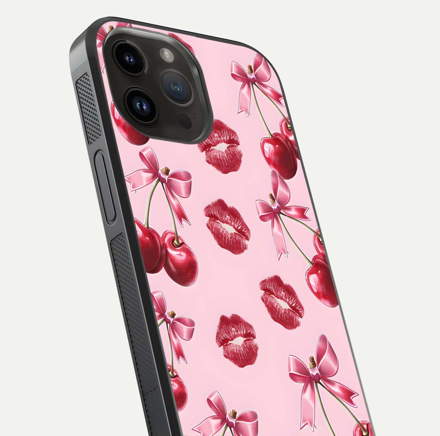 Cherry With Lips Glass Case for iPhone 14 Pro Max close-up view highlighting lips texture and reflection shine