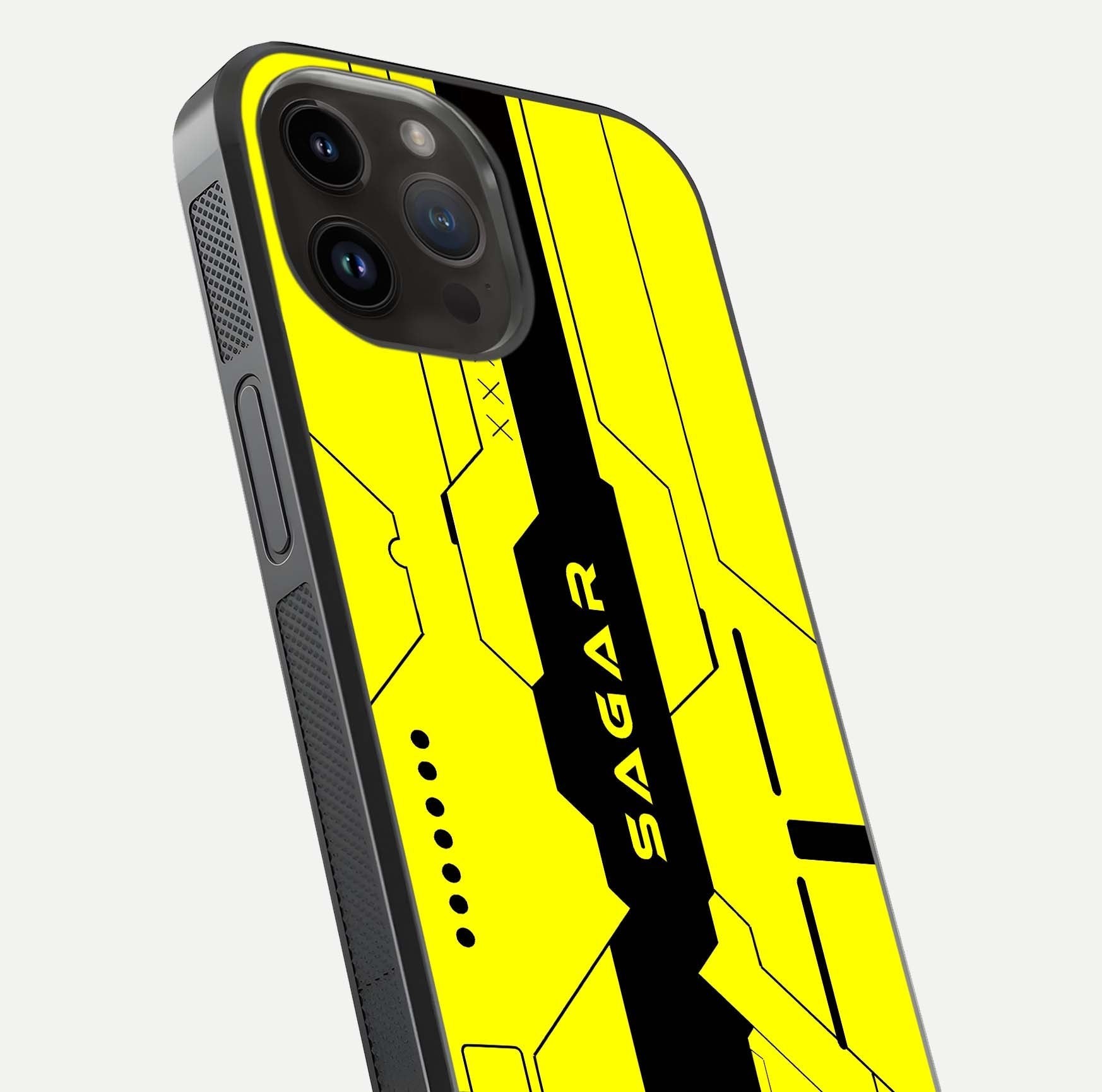 Circuit CYBERPUNK Custom Name Glass Case for iPhone 14 Pro Max close-up highlighting neon lines, futuristic tones, and gloss reflection