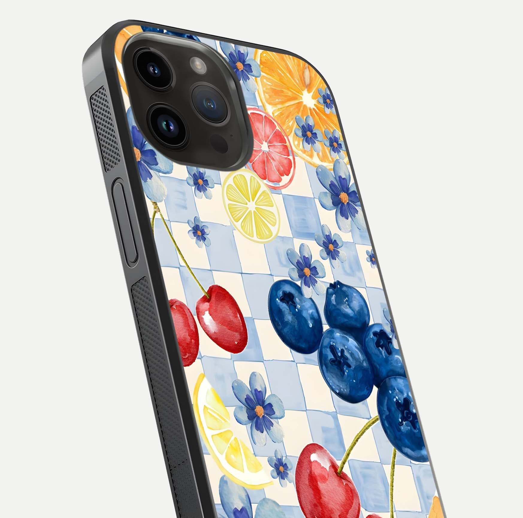 Citrus Bloom Joy Glass Case for iPhone 14 Pro Max close-up highlighting orange blossoms and reflection detail
