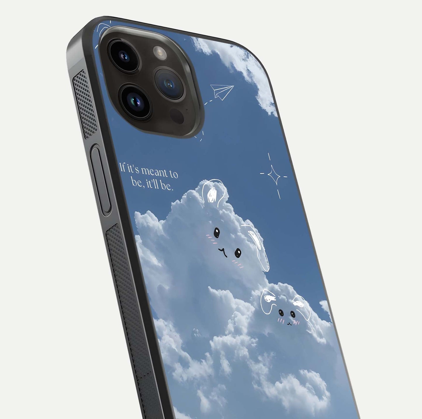 Cloud Bunny Dreams Glass Case for iPhone 14 Pro Max close-up showing bunny art, dreamy clouds, and HD shine
