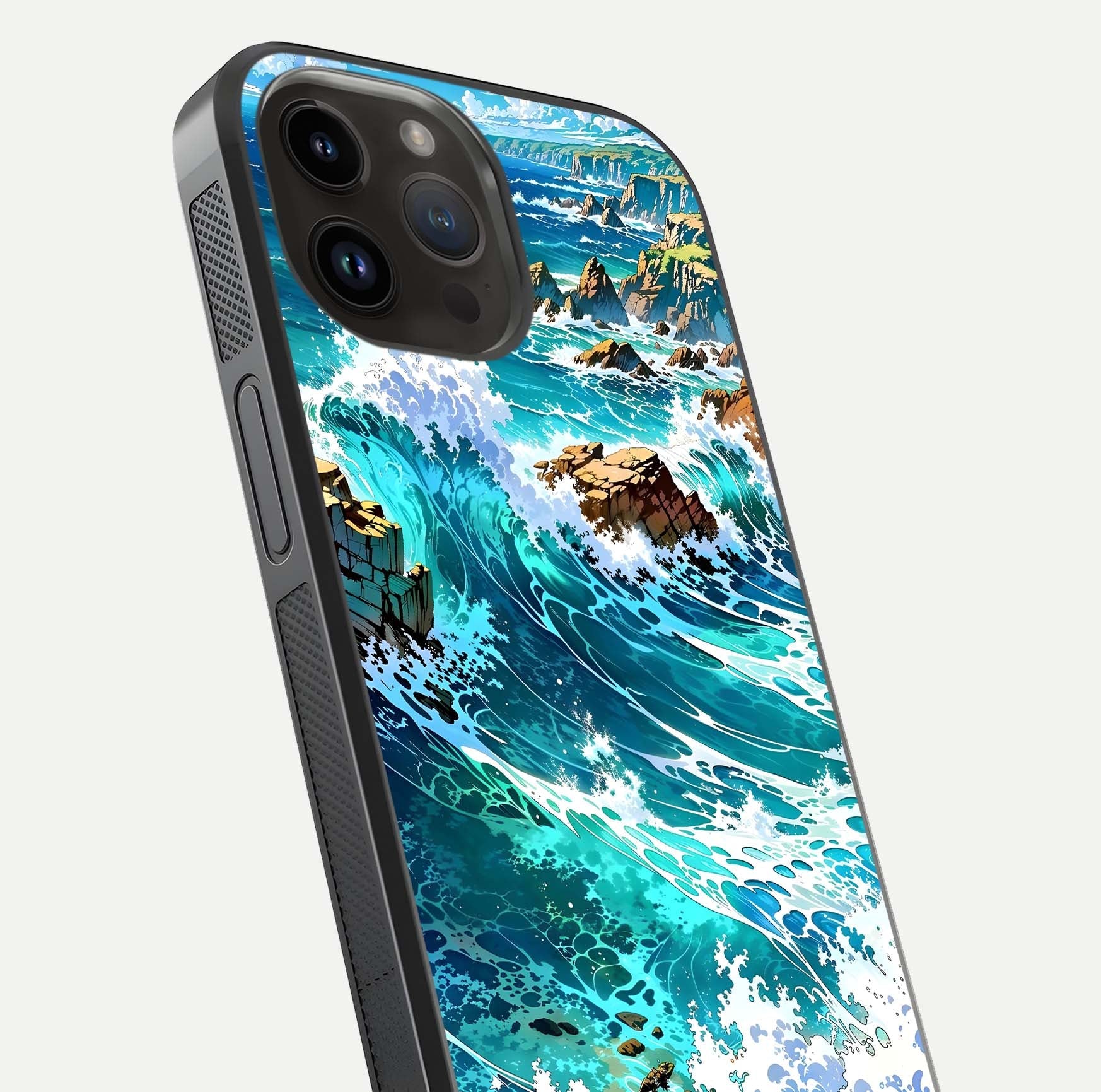 Coastal Blue Waves Glass Case for iPhone 14 Pro Max close-up highlighting wave texture and blue shine