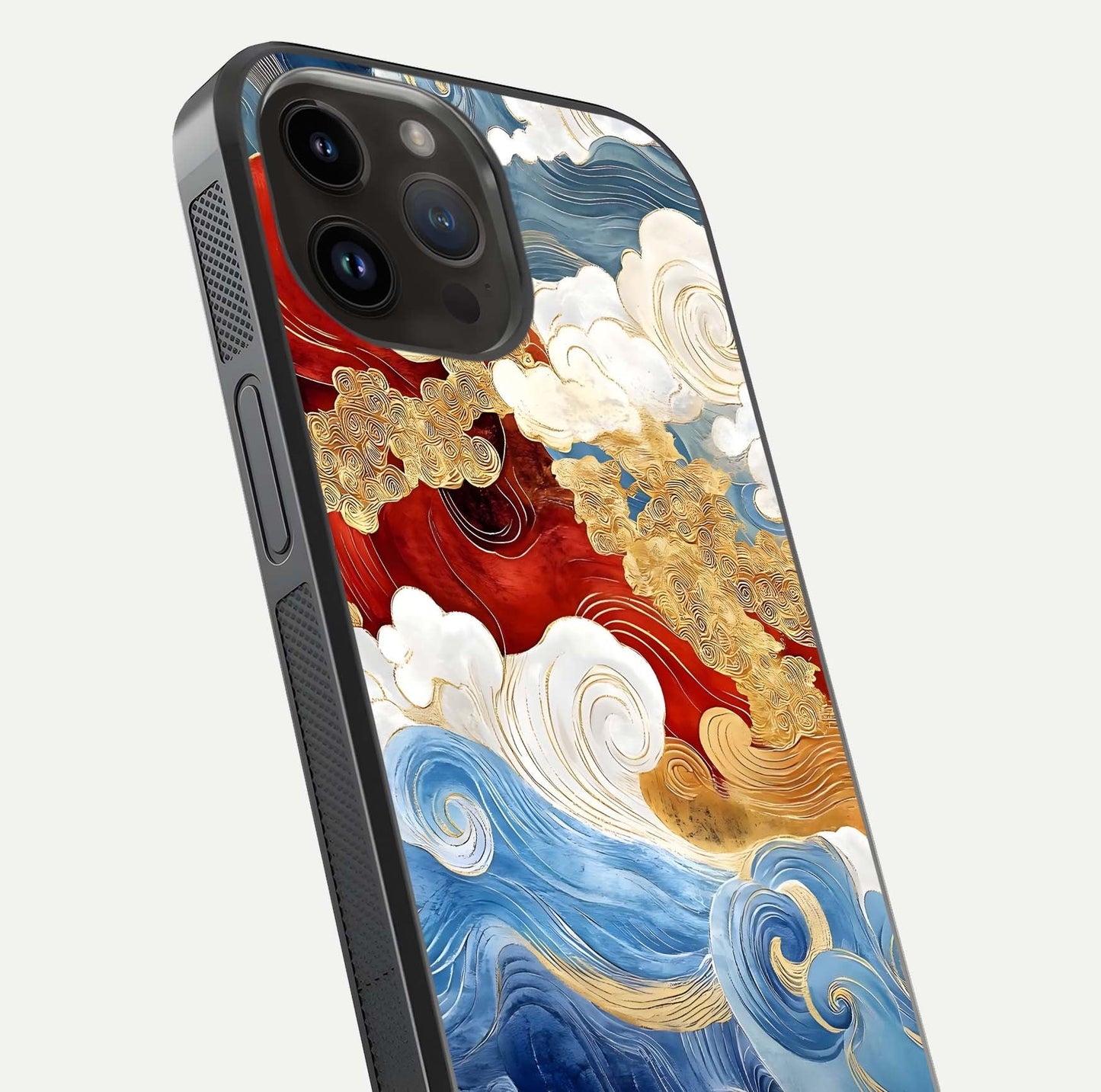 Colored Waves Glass Case for iPhone 14 Pro Max close-up angled shot highlighting gradient flow and light reflection