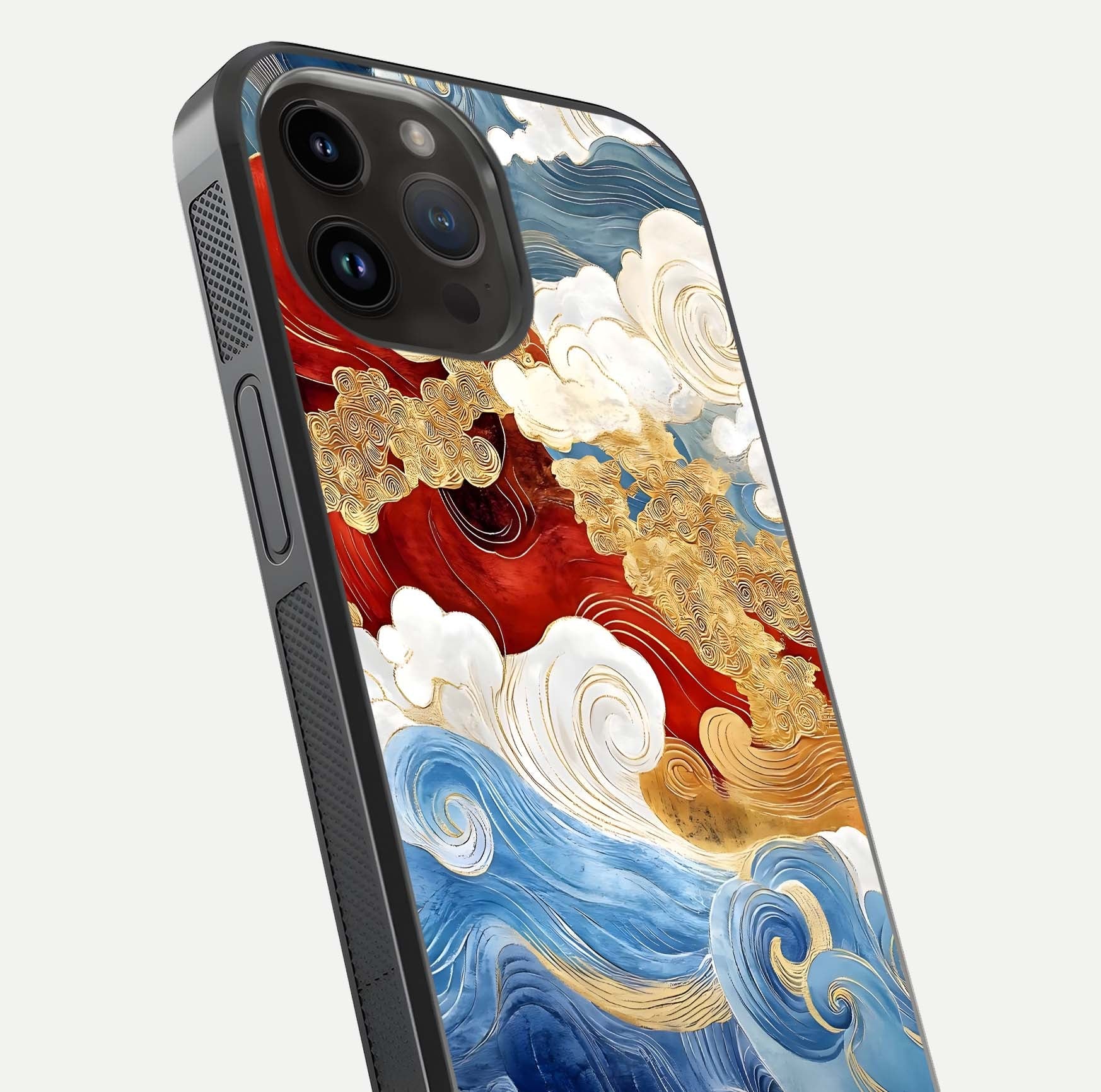 Colored Waves Glass Case for iPhone 14 Pro Max close-up angled shot highlighting gradient flow and light reflection