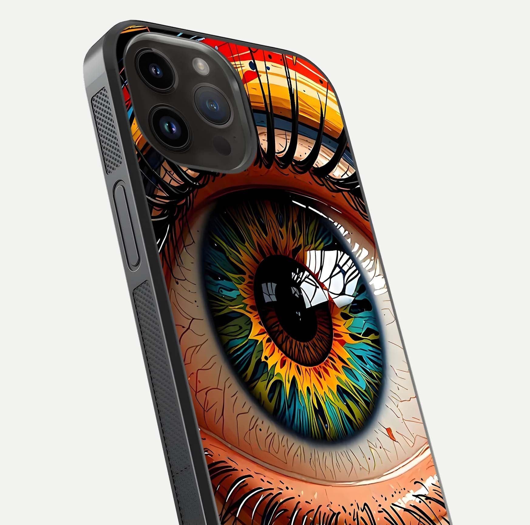 Colorful Eye Glass Case for iPhone 14 Pro Max close-up highlighting eye pattern detail and reflection shine