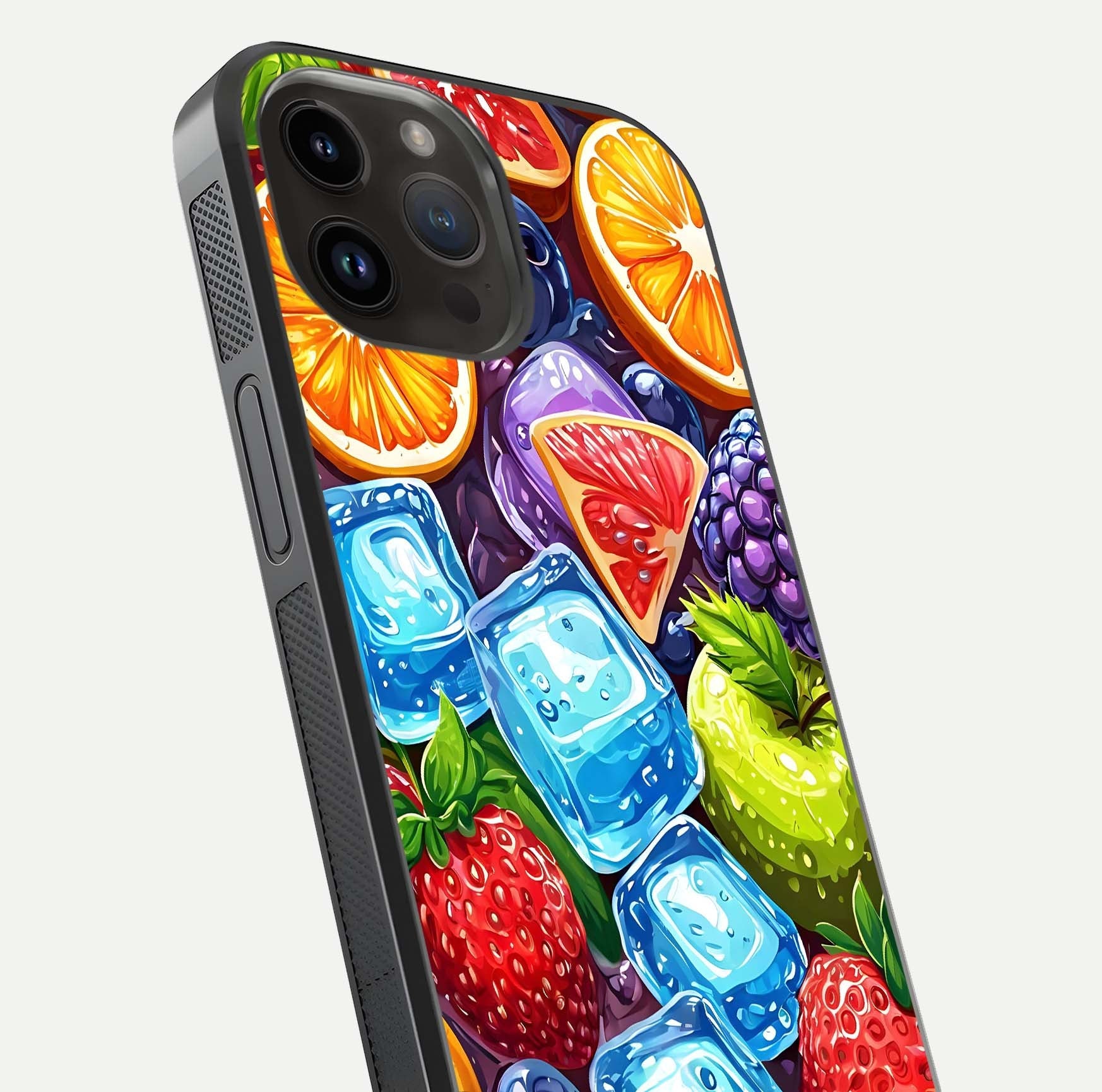 Colorful Fruits with Ice Glass Case for iPhone 14 Pro Max close-up highlighting fruit color and reflection glow