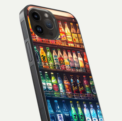 Colorful Soda Bottles Glass Case for iPhone 14 Pro Max close-up showing colorful bottles and HD reflection