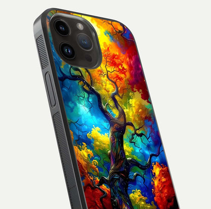 Colorful Tree Glass Case for iPhone 14 Pro Max close-up highlighting leaf detail, gradient colors, and shine