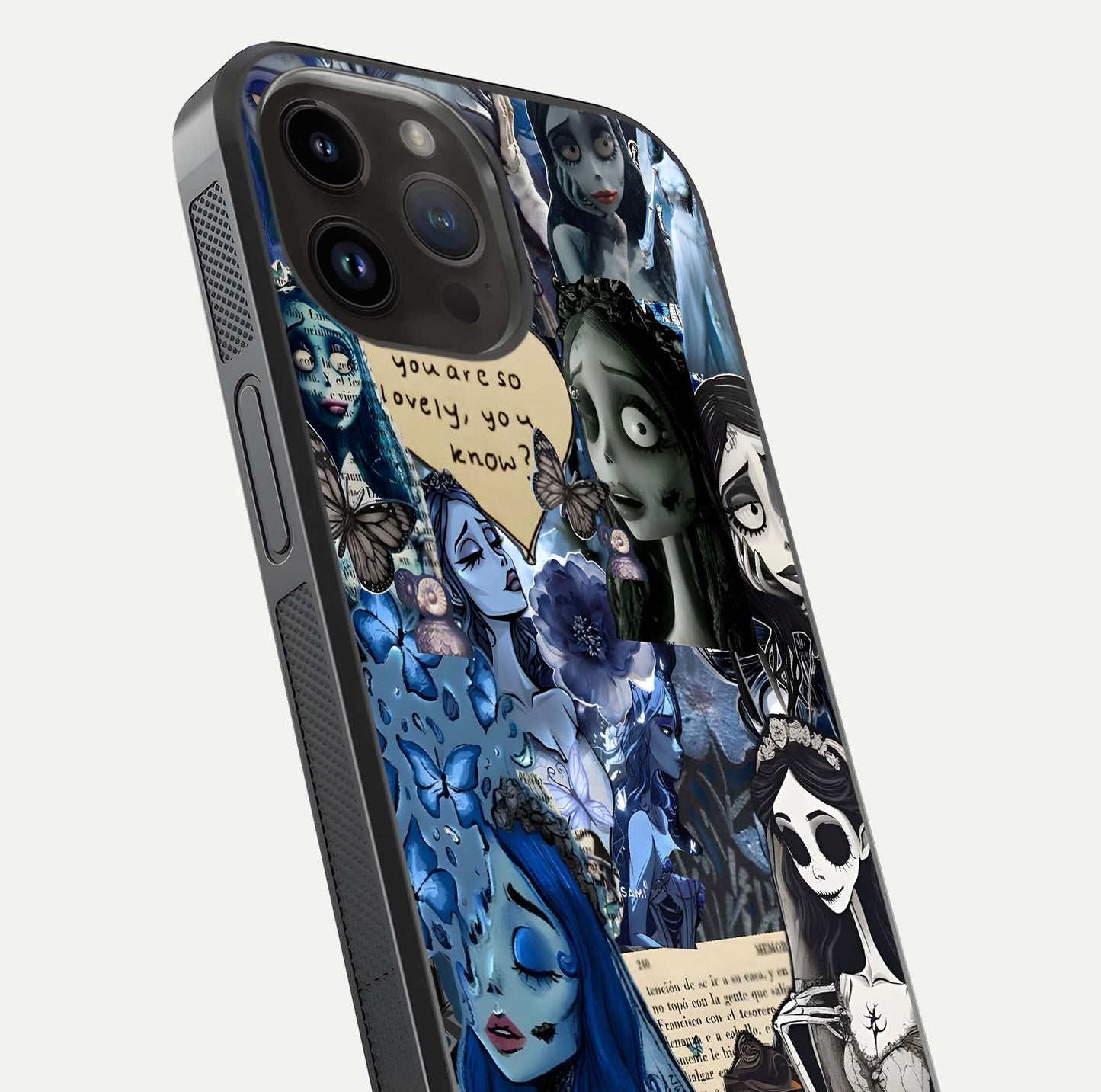 Corpse Bride Posters Glass Case for iPhone 14 Pro Max close-up highlighting detailed artwork and reflection polish