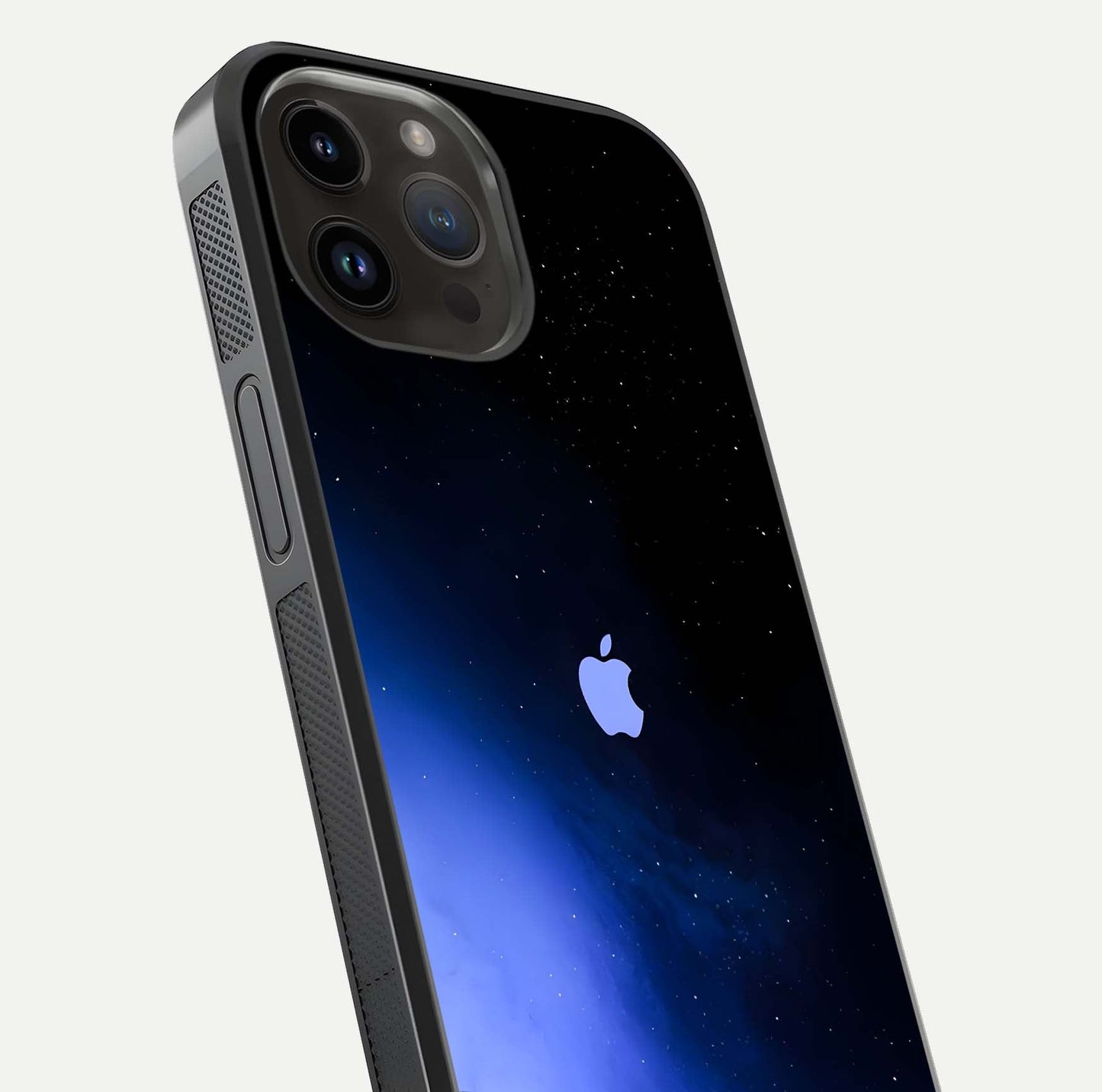 Cosmic Blue Apple Glass Case for iPhone 14 Pro Max close-up highlighting galaxy pattern, shine, and reflection detail