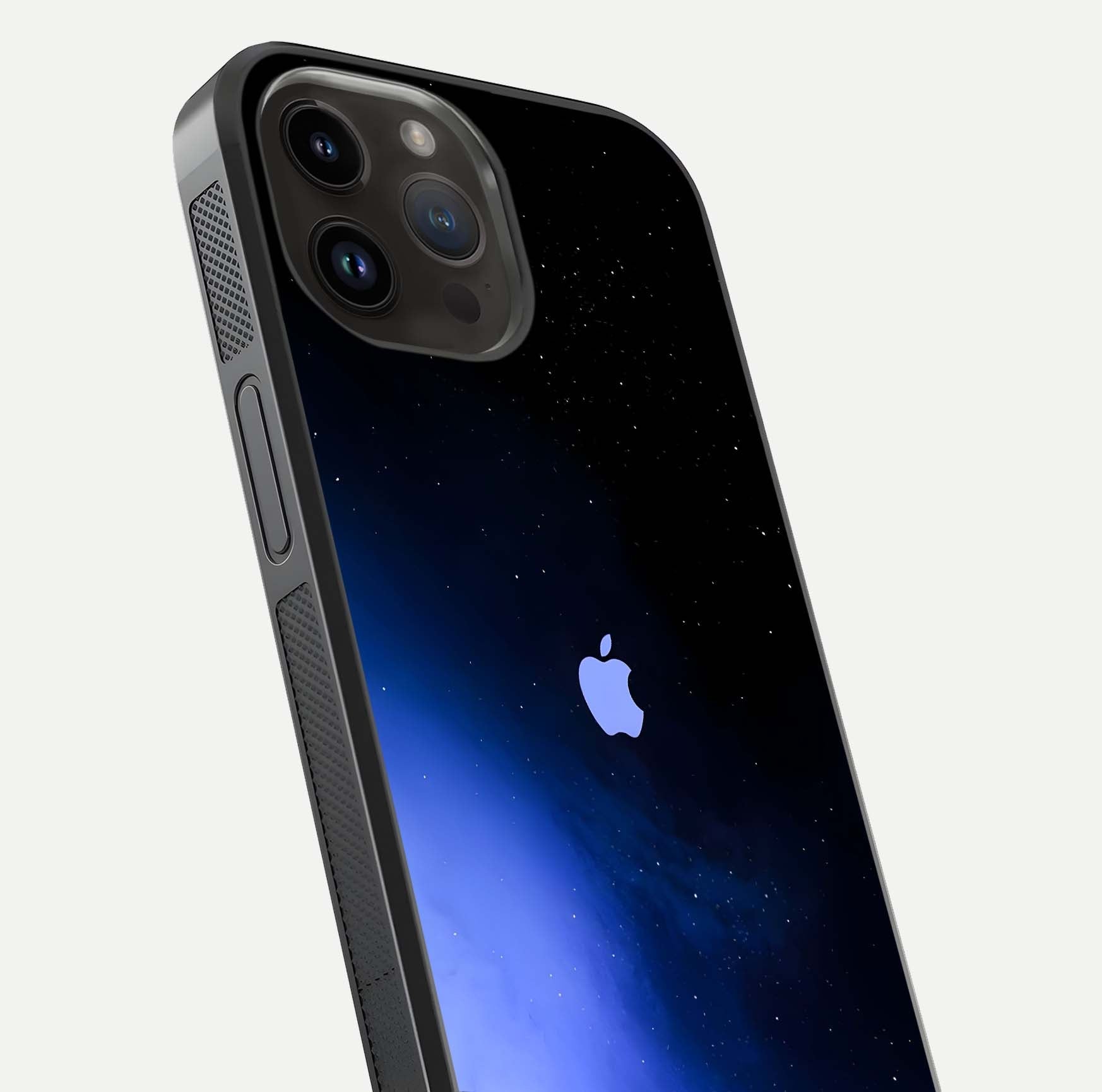 Cosmic Blue Apple Glass Case for iPhone 14 Pro Max close-up highlighting galaxy pattern, shine, and reflection detail