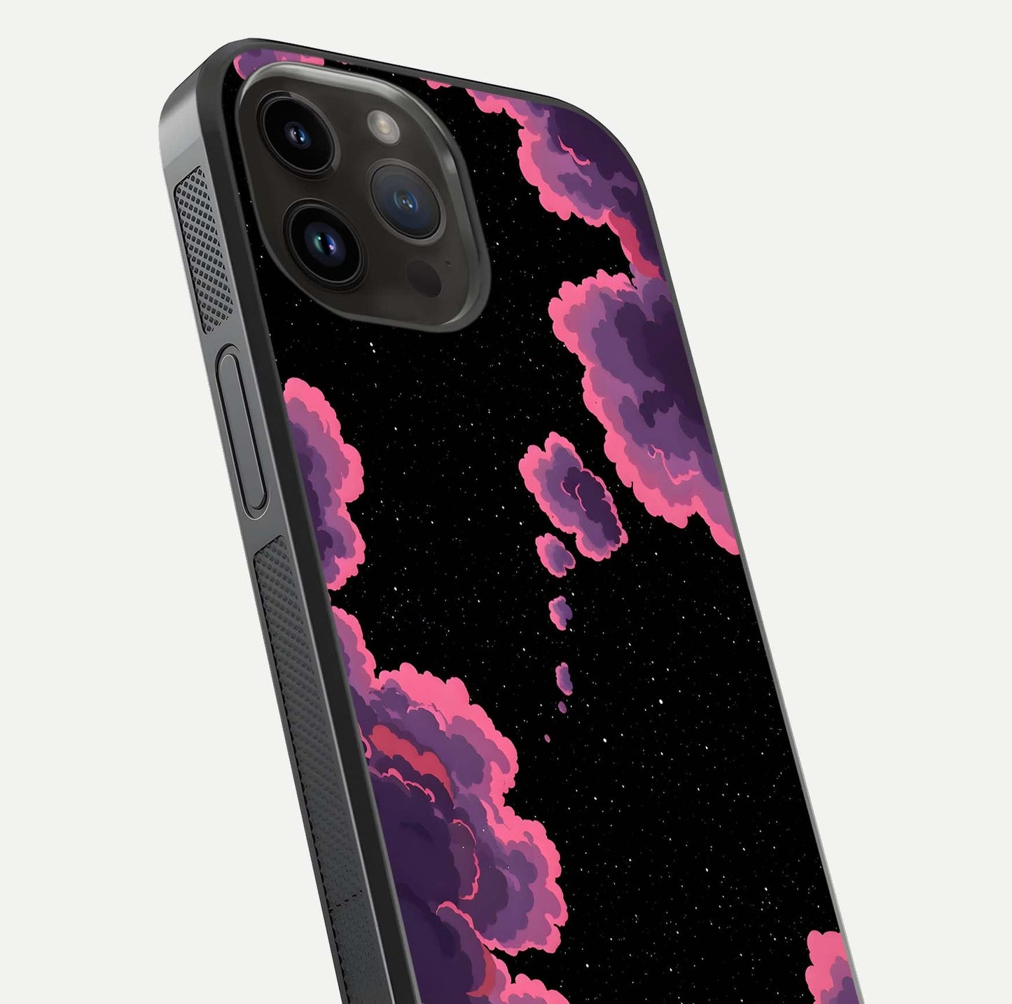 Cosmic Cloud Journey Glass Case for iPhone 14 Pro Max close-up highlighting star clusters and reflection texture