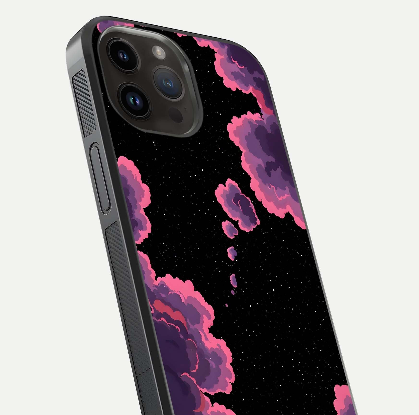 Cosmic Cloud Journey Glass Case for iPhone 14 Pro Max close-up highlighting star clusters and reflection texture