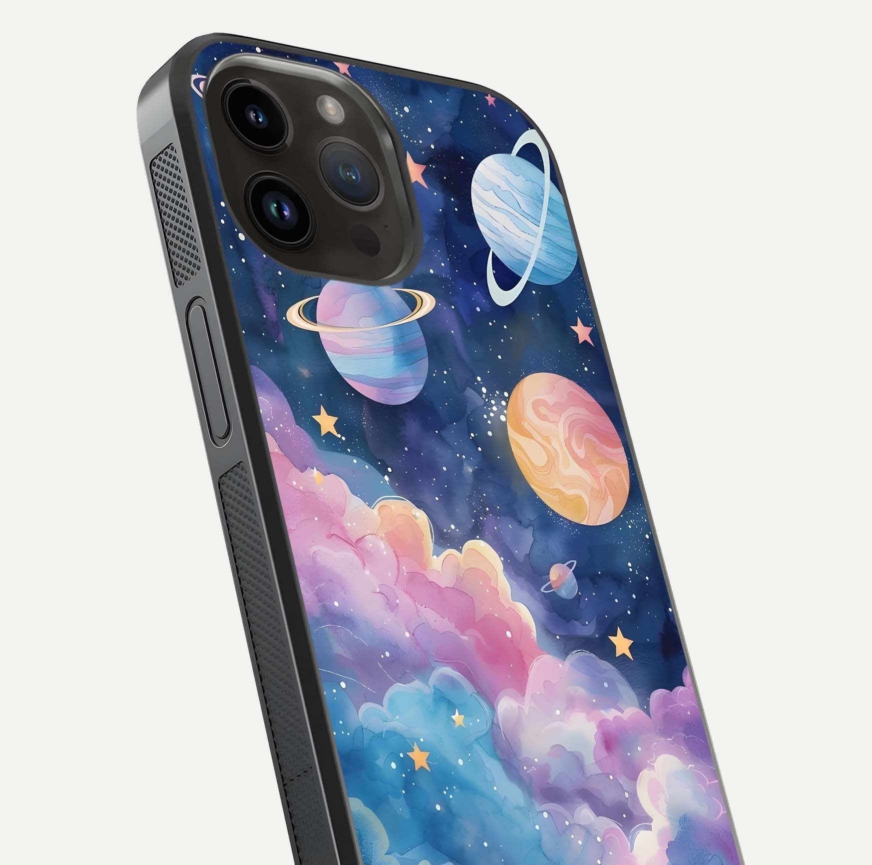 Cosmic Planet Dreams Glass Case for iPhone 14 Pro Max close-up highlighting planetary details and reflection glow