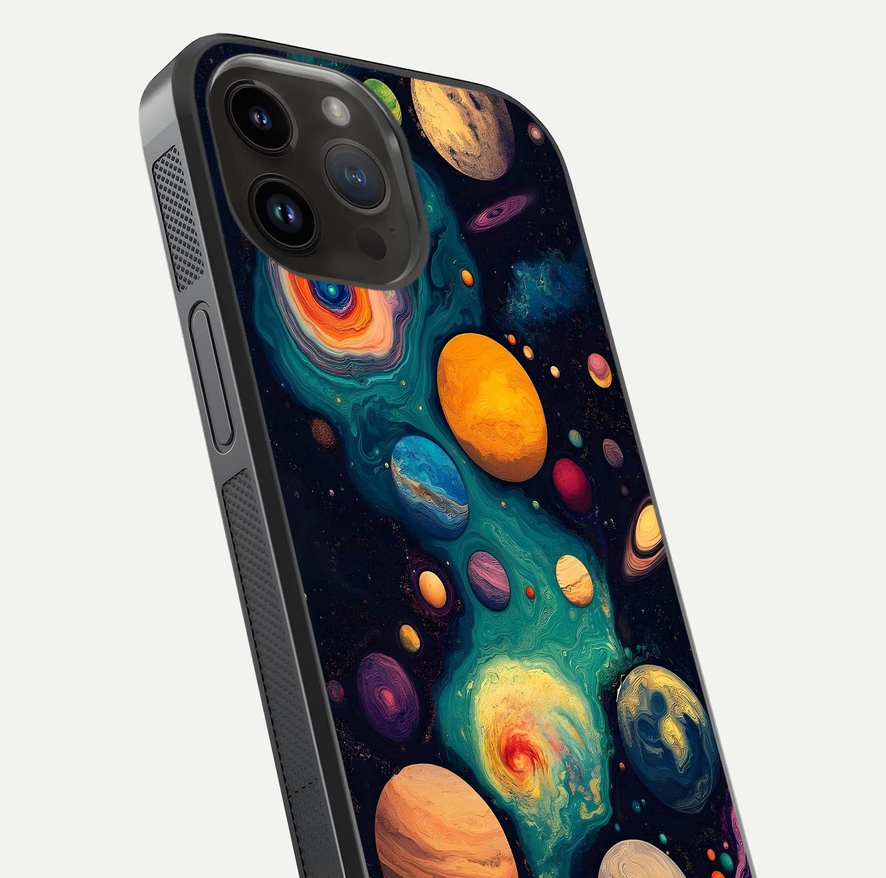 Cosmic Planet Journey Glass Case for iPhone 14 Pro Max close-up highlighting planets, stars, and shine reflection