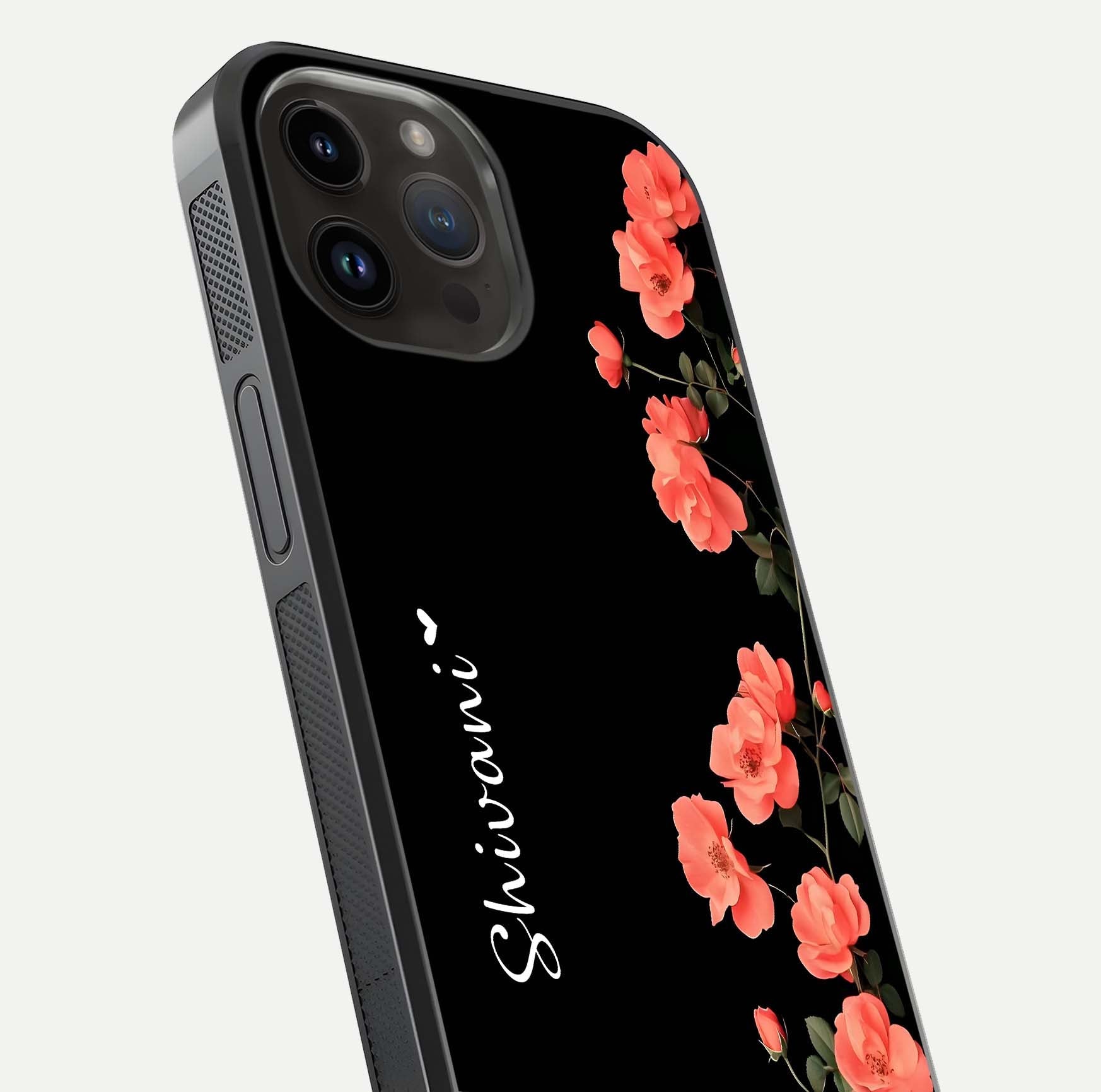 Crimson Bloom Grace Custom Name Glass Case for iPhone 14 Pro Max close-up highlighting flower pattern and reflection texture