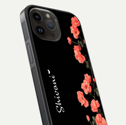 Crimson Bloom Grace Custom Name Glass Case for iPhone 14 Pro Max close-up highlighting flower pattern and reflection texture