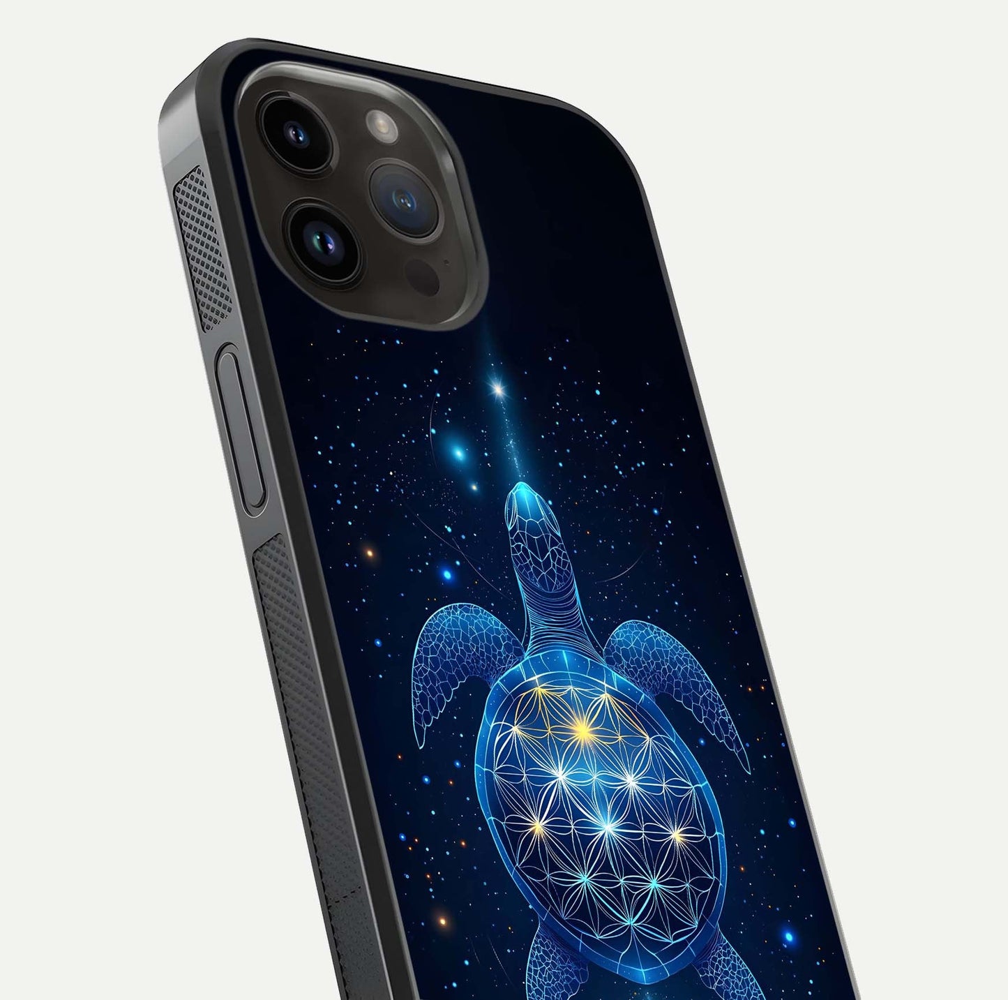 Crimson Blue Turtle Glass Case for iPhone 14 Pro Max close-up highlighting turtle shell detail and shine reflection