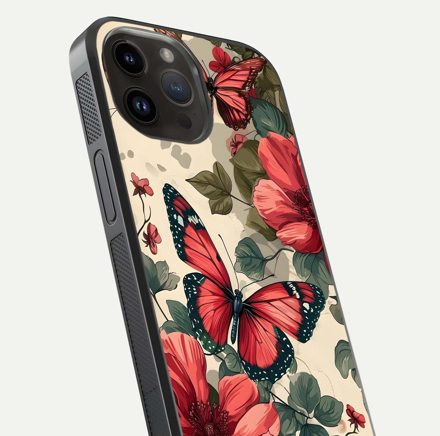 Crimson Butterfly Garden Glass Case for iPhone 14 Pro Max close-up showing wing detail and reflection shine