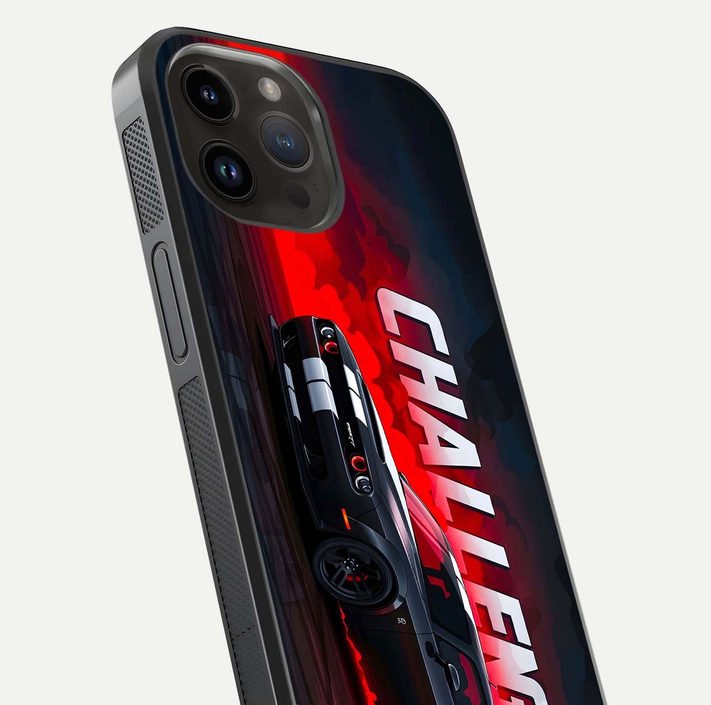 Crimson Challenger Fury Glass Case for iPhone 14 Pro Max close-up highlighting car details and reflection depth