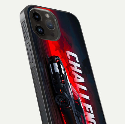Crimson Challenger Fury Glass Case for iPhone 14 Pro Max close-up highlighting car details and reflection depth