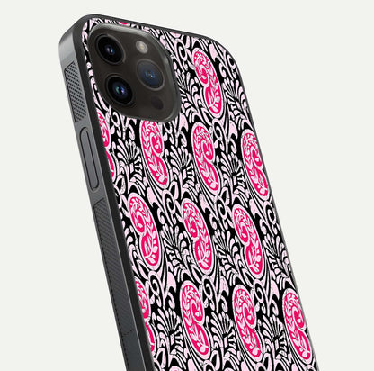 Crimson Paisley Charm Glass Case for iPhone 14 Pro Max close-up highlighting fine pattern detail and reflection tone