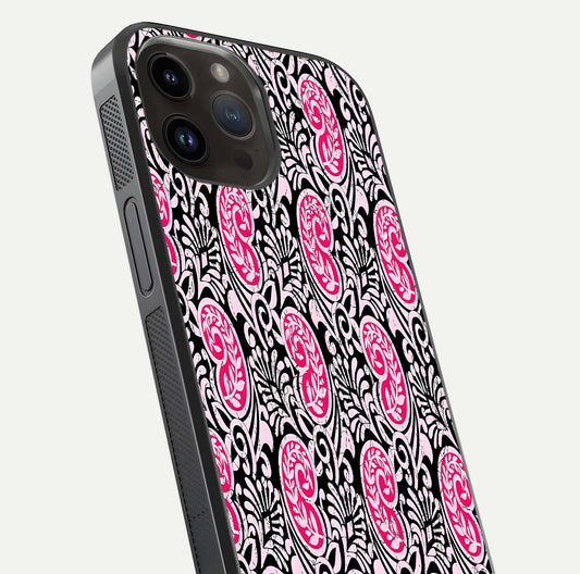 Crimson Paisley Charm Glass Case for iPhone 14 Pro Max close-up highlighting fine pattern detail and reflection tone