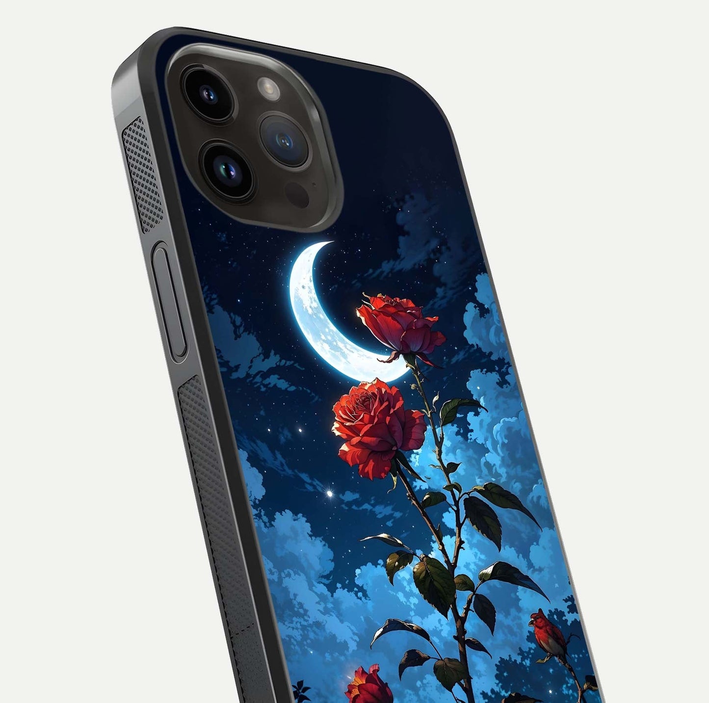 Crimson Rose Moon Glass Case for iPhone 14 Pro Max close-up showing rose detail and reflection highlight