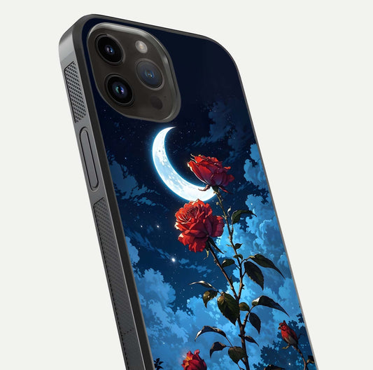 Crimson Rose Moon Glass Case for iPhone 14 Pro Max close-up showing rose detail and reflection highlight