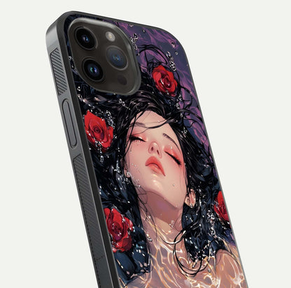 Crimson Rose Serenity Glass Case for iPhone 14 Pro Max close-up highlighting rose gradient and reflection detail