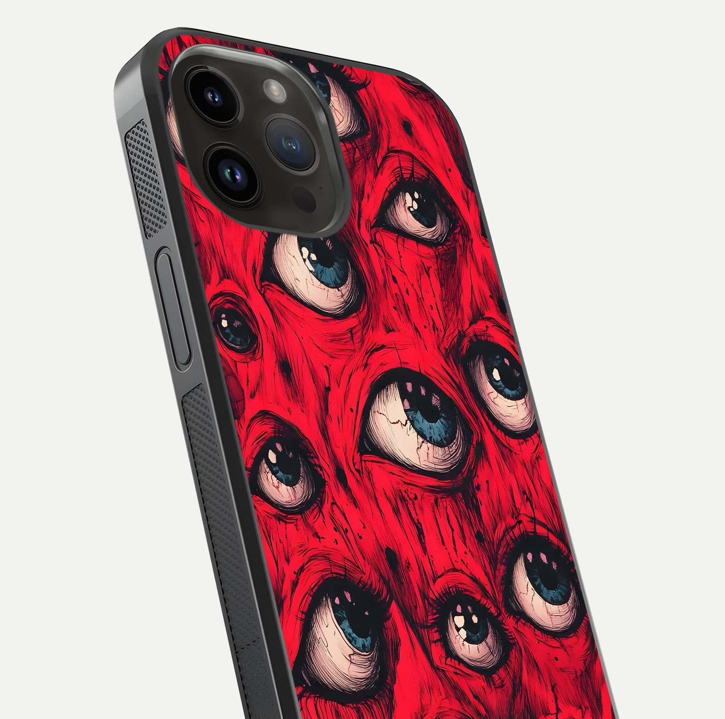 Crimson Watch Eyes Glass Case for iPhone 14 Pro Max close-up highlighting graphic detail and reflection