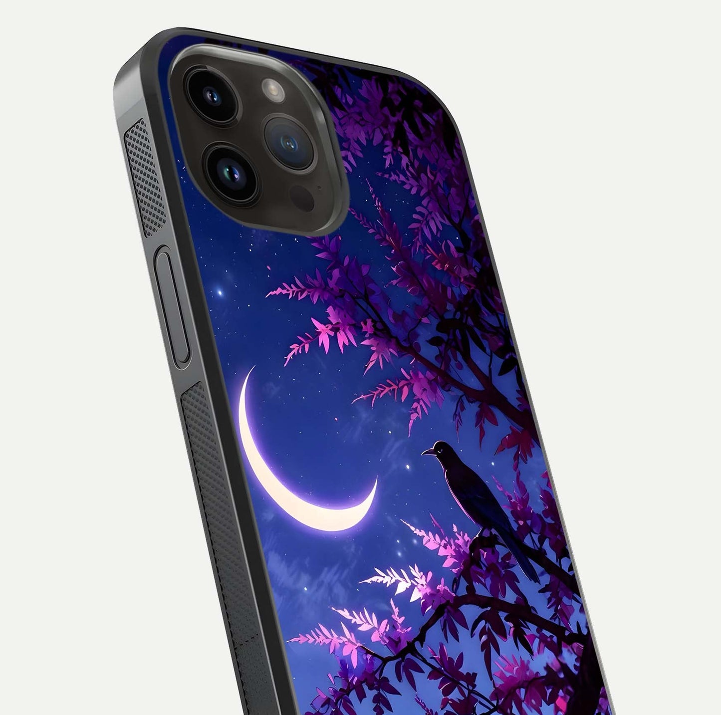 Crow & Moon Scenery Glass Case for iPhone 14 Pro Max close-up highlighting moon detail, dark tones, and glass reflection