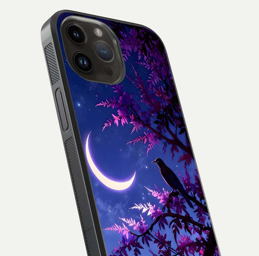 Crow & Moon Scenery Glass Case for iPhone 14 Pro Max close-up highlighting moon detail, dark tones, and glass reflection