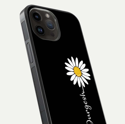 Custom Name White Flower Glass Case for iPhone 14 Pro Max close-up highlighting petals, name print, and reflection polish