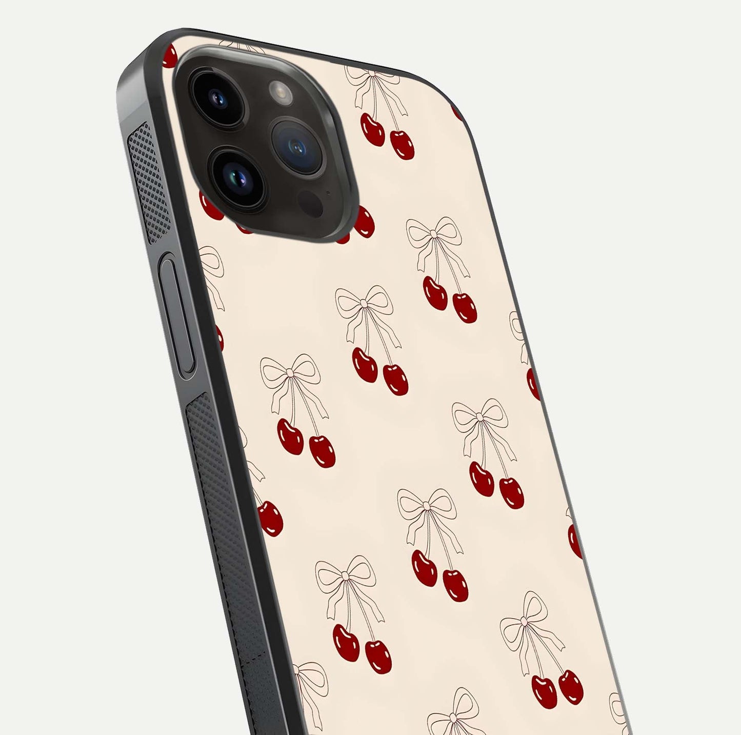 Cute Cherry Pattern Glass Case for iPhone 14 Pro Max close-up showing cherry cluster details and light reflection