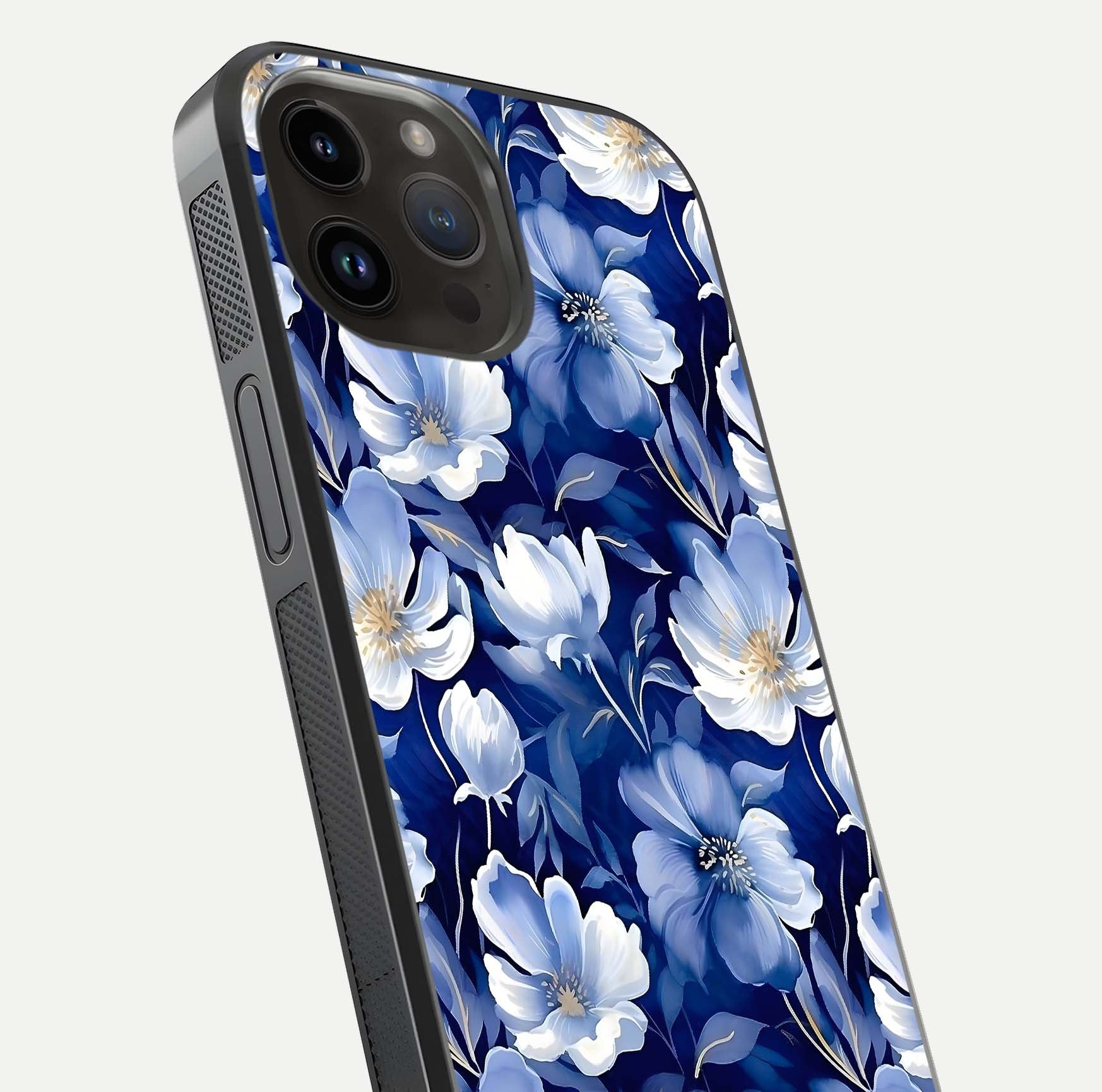 Cute Floral Patterns Glass Case for iPhone 14 Pro Max close-up highlighting flowers and gloss reflection